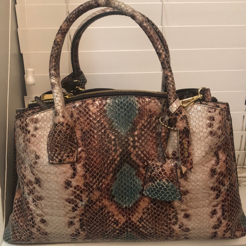 ANTONIO MELANI Exotic Snake Print Tote - Brown and Teal